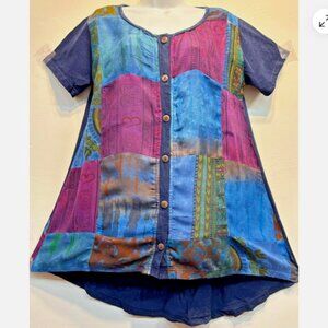 Nwt FUNKY STUFF hippy gypsy boho patch acid washed cotton TOP TUNIC XL